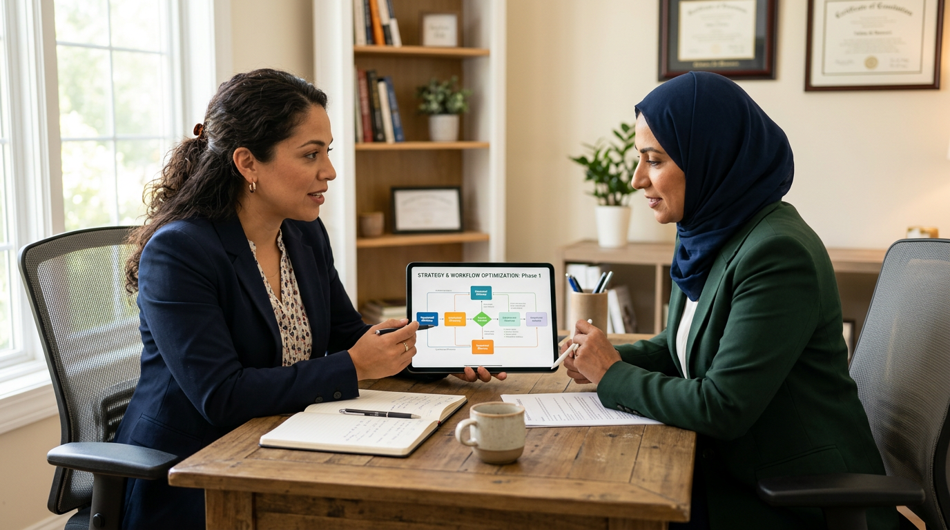 Implementation specialist walking a business owner through a custom AI employee setup Implementation specialist walking a business owner through a custom AI employee setup